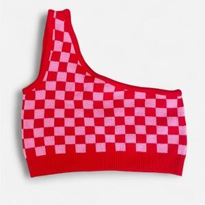 Asos Collusion Checkerboard Swirl Knit One Shoulder Crop Top in US 10